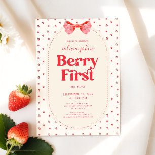 Berry First Birthday Pink Bow Strawberry Invitation