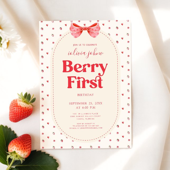Berry First Birthday Pink Bow Strawberry Invitation (Creator Uploaded)