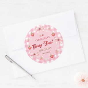 Berry first birthday pink gingham strawberry girl classic round sticker