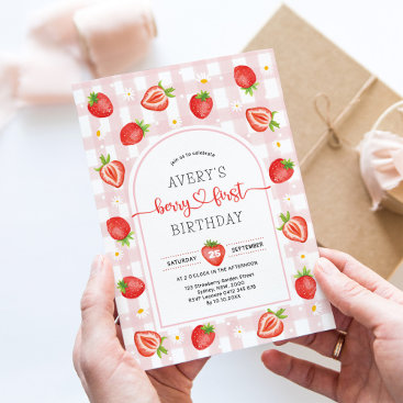 Berry First Birthday | Pink Gingham Strawberry Invitation