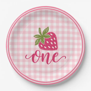 Berry First Birthday Pink Gingham Strawberry Paper Plates