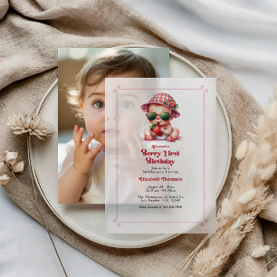 Berry First Birthday Pink Gingham Strawberry Vellum Invitations