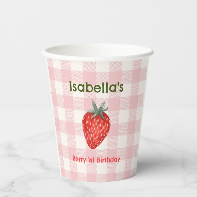 Berry First Birthday Pink & Plaid Paper Cups (Front)