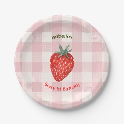 Berry First Birthday Pink  Plaid Paper Plates