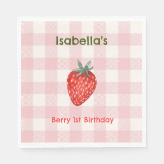 Berry First Birthday Pink & Plaid Party Napkins