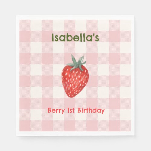 Berry First Birthday Pink  Plaid Party Napkins