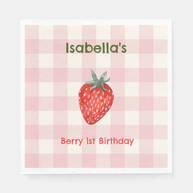 Berry First Birthday Pink & Plaid Party Napkins (Front)