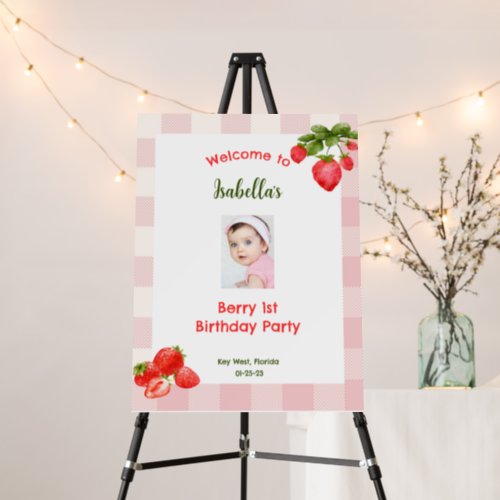 Berry First Birthday Pink  Plaid Welcome Sign