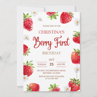 Berry first birthday pink strawberry cute girl invitation