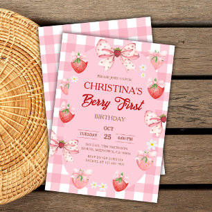 Berry first birthday pink strawberry gingham girl invitation