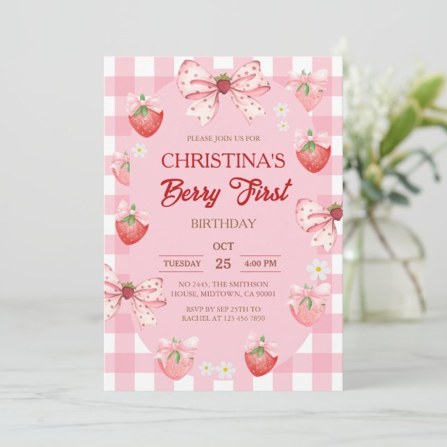 Berry first birthday pink strawberry gingham girl invitation (Standing Front)