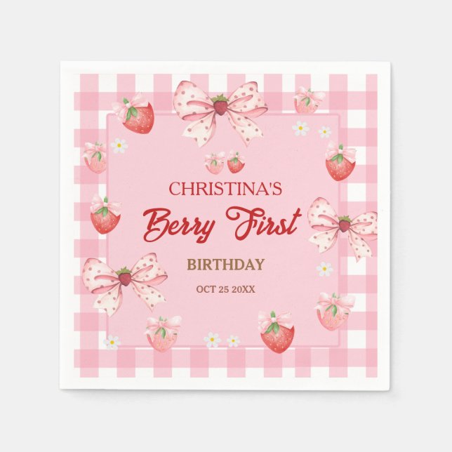 Berry first birthday pink strawberry gingham girl napkins (Front)