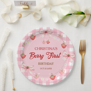 Berry first birthday pink strawberry gingham paper plates