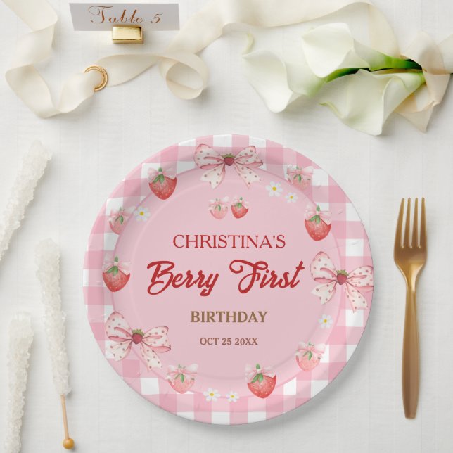 Berry first birthday pink strawberry gingham paper plates (Wedding)