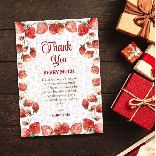 Berry first birthday pink strawberry sweet girl thank you card (Creator Uploaded)
