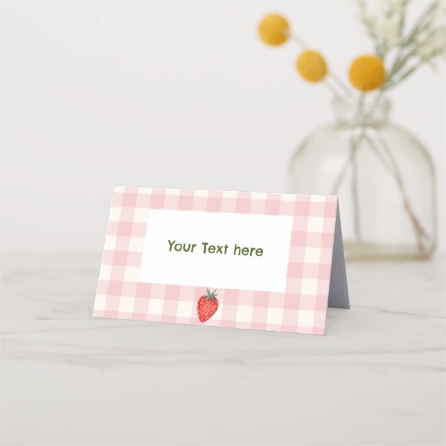 Berry First Birthday Plaid & Pink Place Cards (Front)