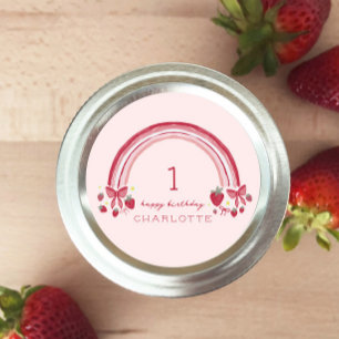 Berry First Birthday Rainbow Strawberry Bows Classic Round Sticker