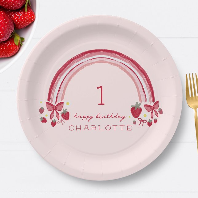 Berry First Birthday Rainbow Strawberry Bows Paper Plates (Creator Uploaded)