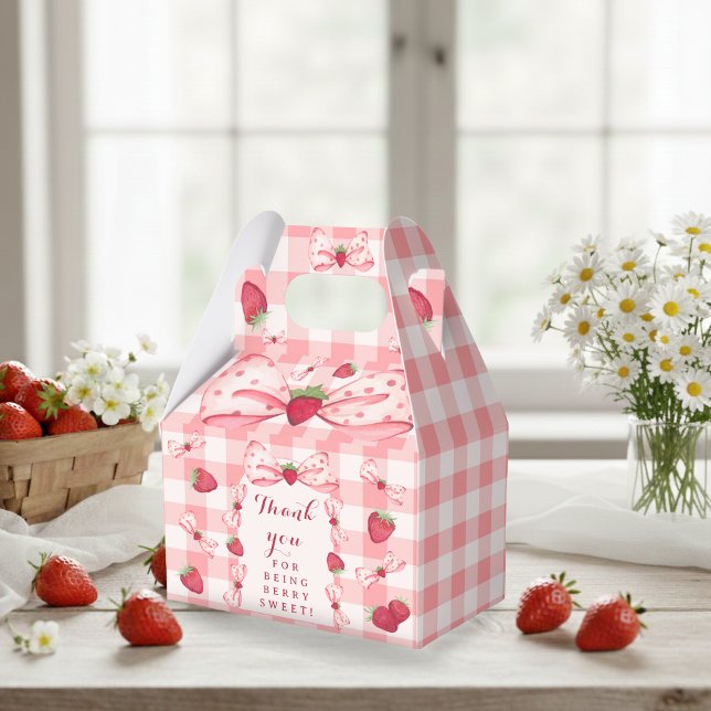Berry First Birthday Red Gingham Bows Square Favor Boxes (Berry First Birthday Red Gingham Bows Square Favor Boxes - Gable 5x3x6.5 )
