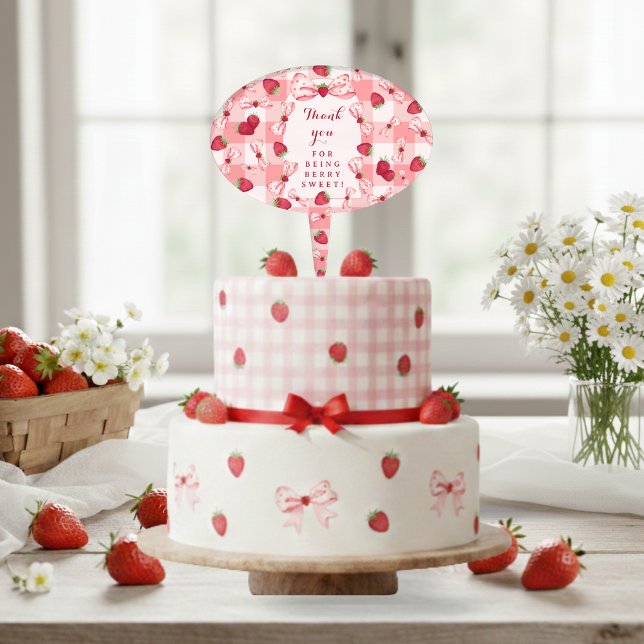 Berry First Birthday Red Gingham Strawberry Bows Cake Topper (Berry First Birthday Red Gingham Strawberry Bows Cake Topper - Oval Shape)