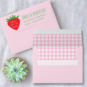 Berry First Birthday Red Strawberry Pink Gingham Envelope