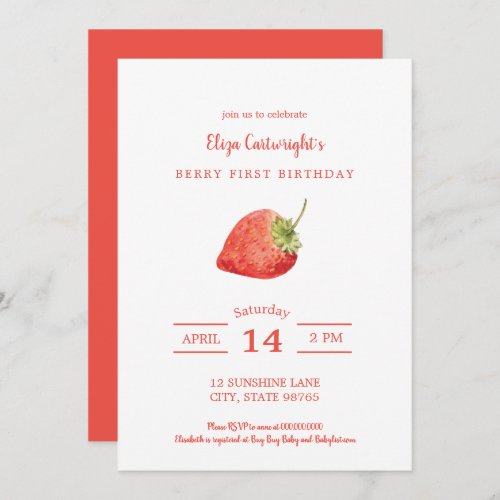 Berry First Birthday Simple Strawberry Invitation