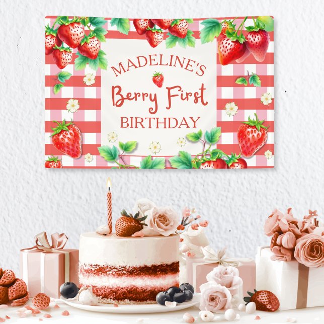 Berry First Birthday – Strawberry 1st B Banner (berry sweet girl birthday party)