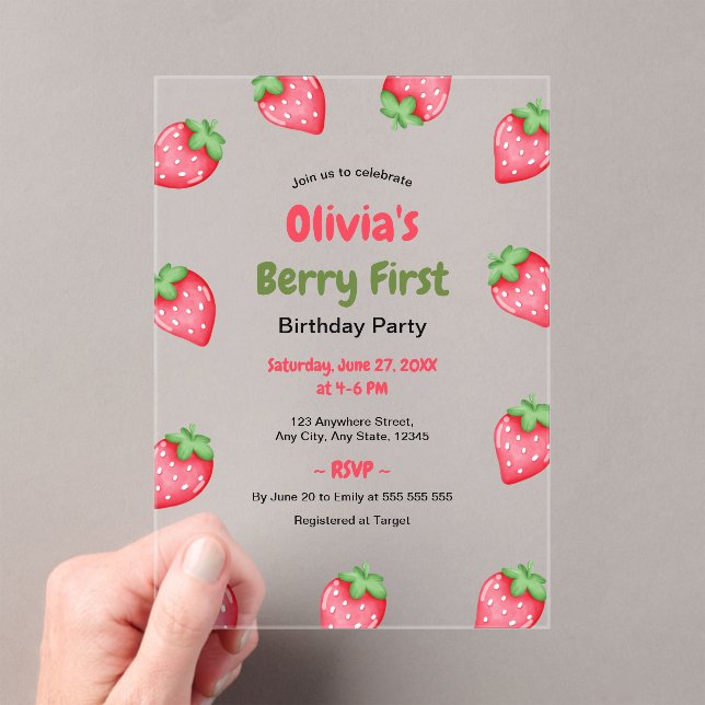 Berry First Birthday Strawberry 1st Birthday  Acrylic Invitations (Insitu (Handheld))