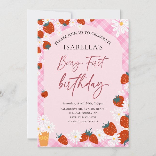 Berry First Birthday  Strawberry 1st Birthday Girl Invitation (Front)