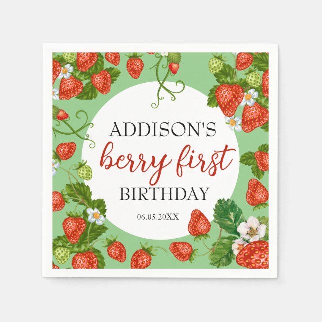 Berry First Birthday Strawberry 1st Birthday Napkins (Front)