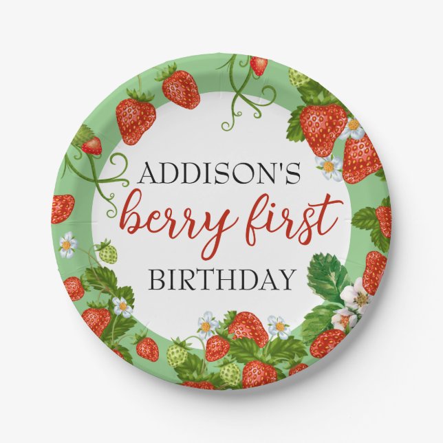 Berry First Birthday Strawberry 1st Birthday Paper Plates (Front)