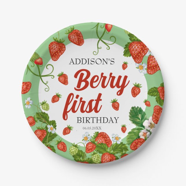 Berry First Birthday Strawberry 1st Birthday Paper Plates (Front)