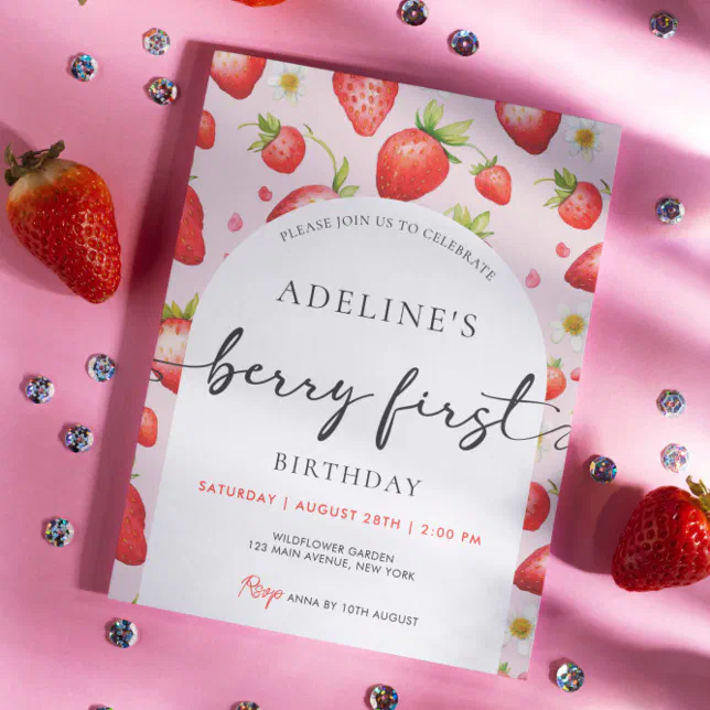 Berry First Birthday Strawberry 1st Birthday Party Invitation | Zazzle