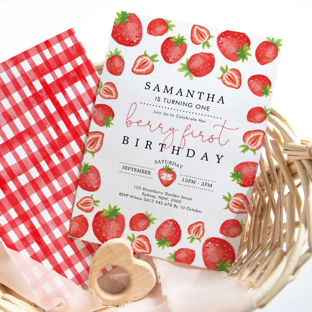 Berry First Birthday Strawberry 1st Birthday Party Invitation | Zazzle