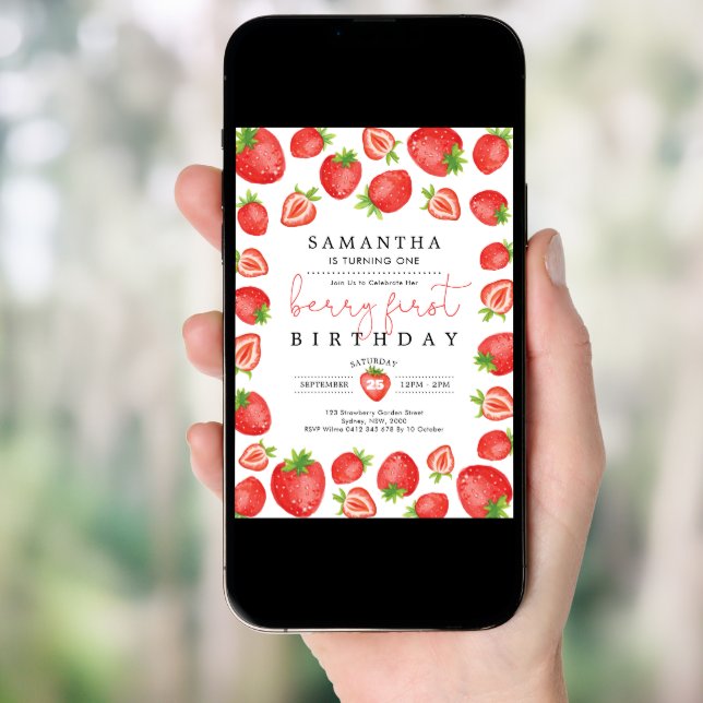 Berry First Birthday Strawberry 1st Birthday Party Invitation (Front Digital)