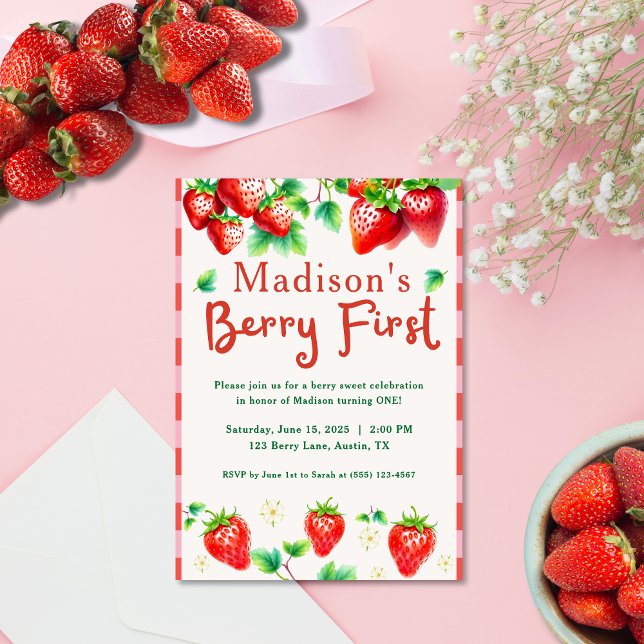 Berry First Birthday – Strawberry 1st Girl Party Invitation (Sweeten your celebration with this adorable “Berry First Birthday” invitation!)