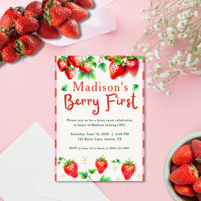 Berry First Birthday – Strawberry 1st Girl Party Invitation | Zazzle