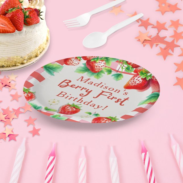 Berry First Birthday – Strawberry 1st Girl Party Paper Plates (Sweeten your celebration with this adorable “Berry First Birthday” party plate!)