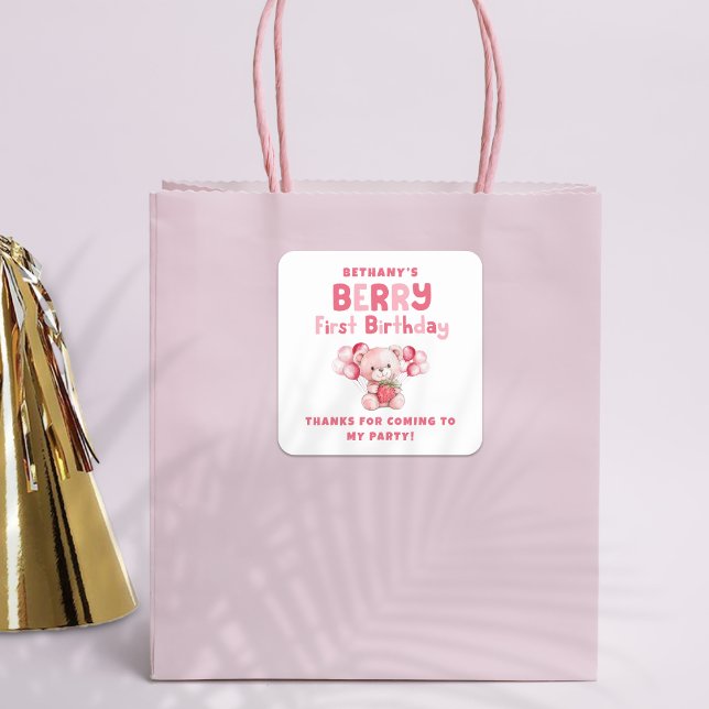 Berry First Birthday Strawberry 1st Party Thanks Square Sticker (Creator Uploaded)