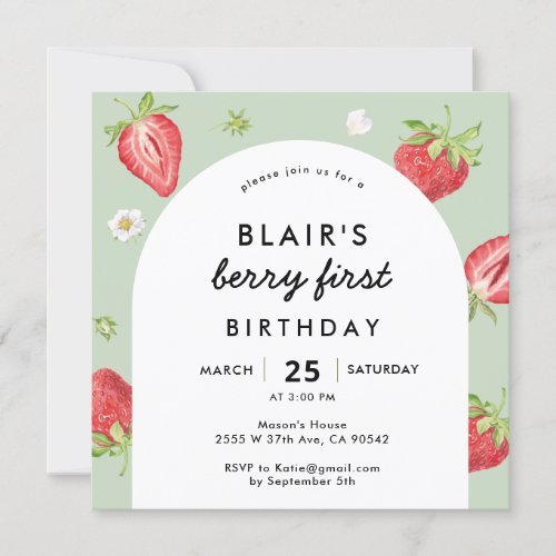 Berry First Birthday Strawberry Arch Square  Invitation