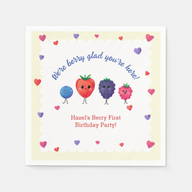 Berry First Birthday Strawberry, Blueberry & More! Napkins (Front)