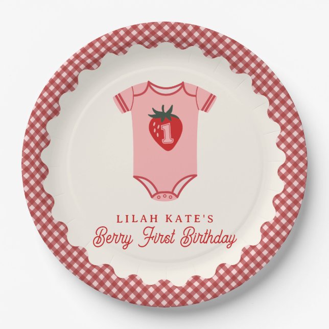 Berry First Birthday Strawberry Bodysuit Paper Plates (Front)