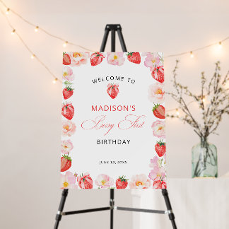Berry First Birthday Strawberry Bow Welcome Foam Board