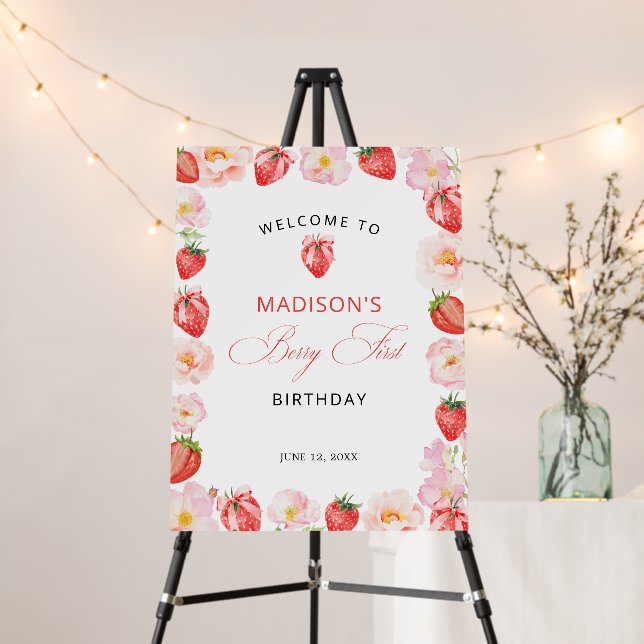 Berry First Birthday Strawberry Bow Welcome Foam Board (In Situ (Stand))