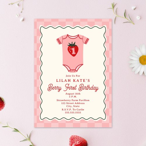 Berry First Birthday Strawberry Checker Bodysuit Invitation