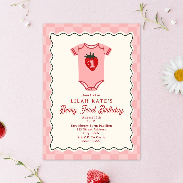 Berry First Birthday Strawberry Checker Bodysuit Invitation (Creator Uploaded)