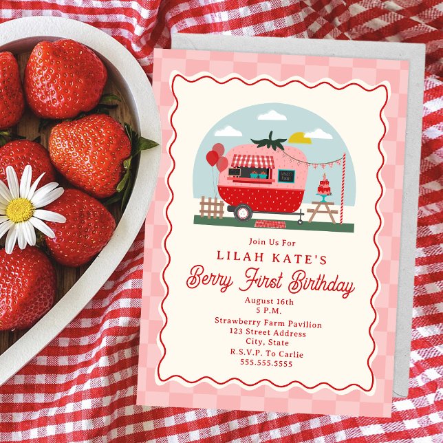 Berry First Birthday Strawberry Checker Camper Invitation (Creator Uploaded)
