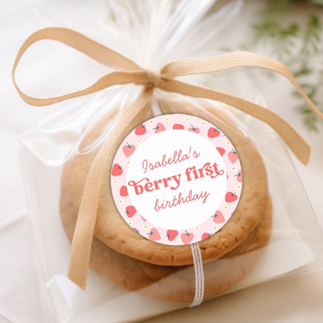 Berry First Birthday Strawberry Classic Round Sticker (Creator Uploaded)