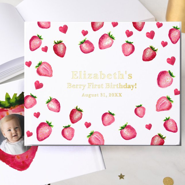 Berry First Birthday Strawberry Custom Photo Gold Foil Guest Book (Creator Uploaded)
