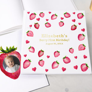 Berry First Birthday Strawberry Custom Photo Gold Foil Guest Book